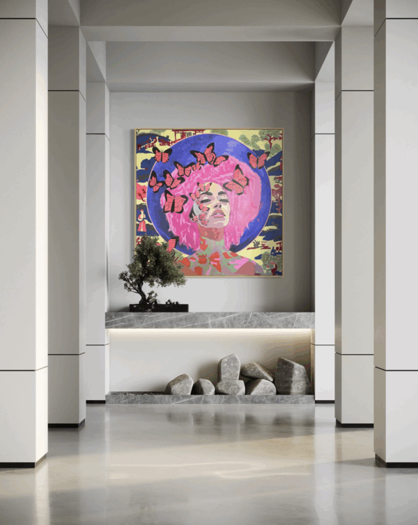 Artwork by Henrix showing a pink‑haired woman with an electric‑blue halo surrounded by butterflies.